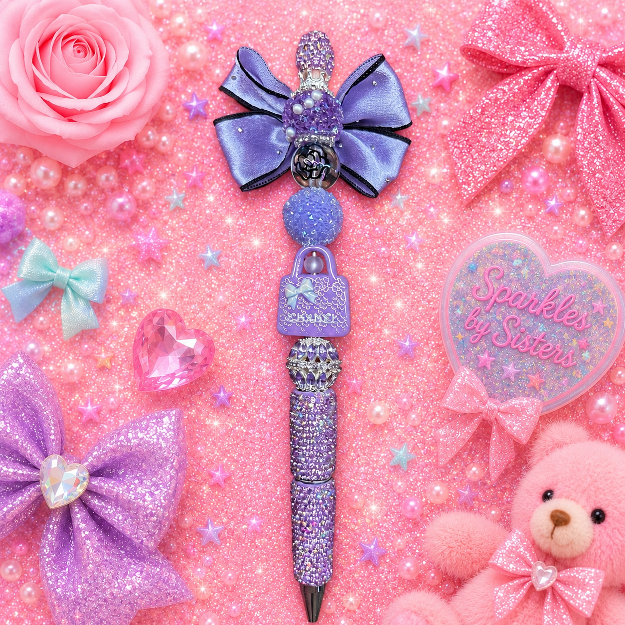 Purple Designer-Inspired Glam Chanel Inspired Beaded Pen | Luxury Handbag & Bow Sparkle Pen