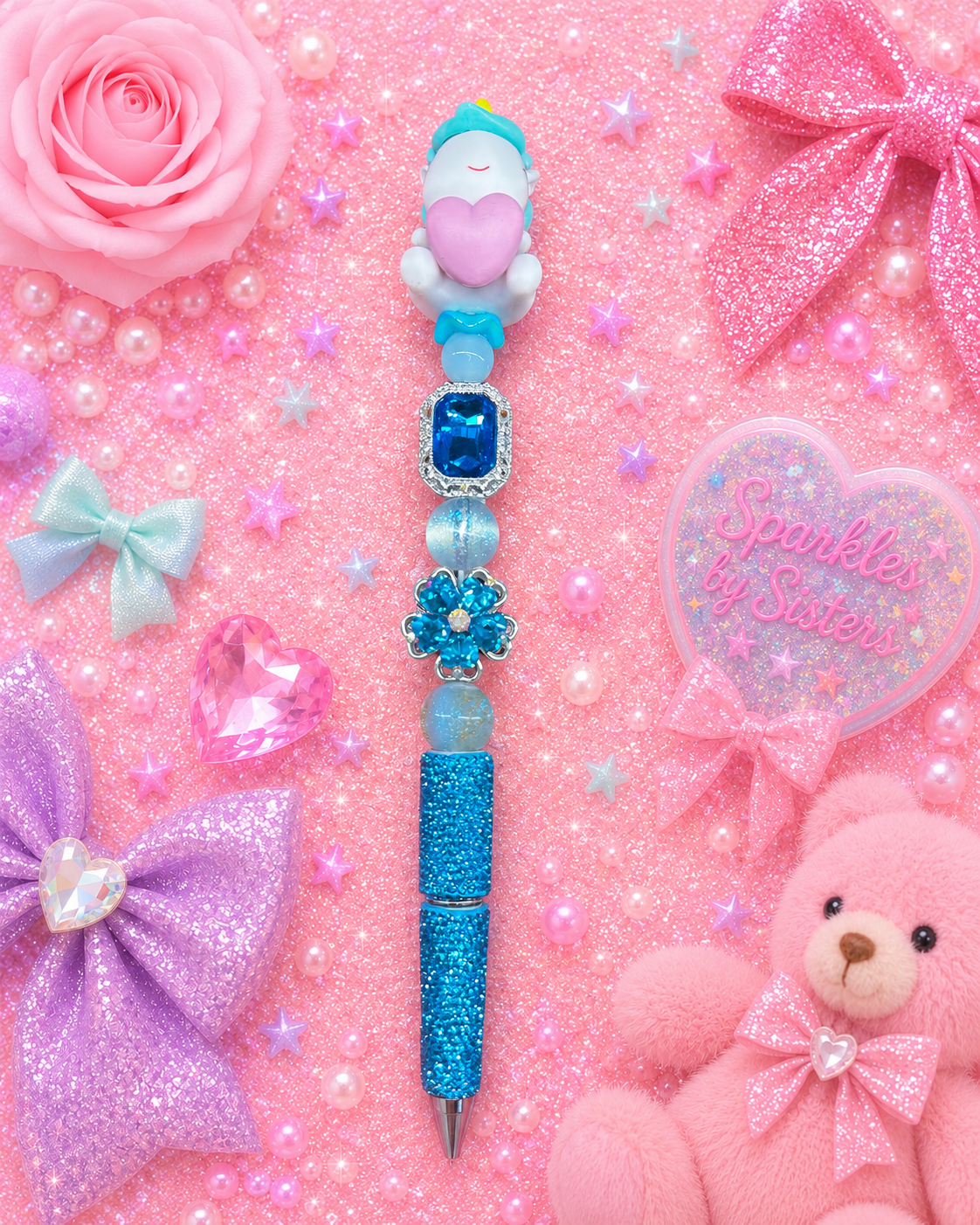 Sweet Heart Unicorn Luxury Beaded Pen | Blue Rhinestone Fantasy Pen