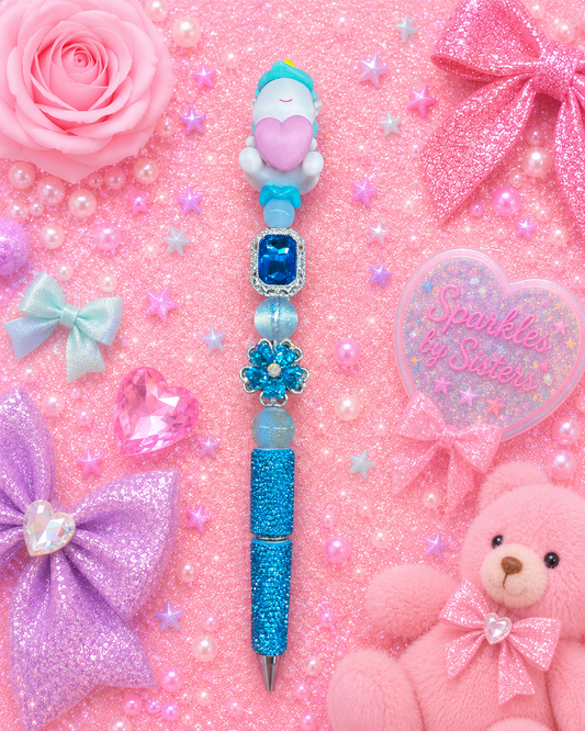 Sweet Heart Unicorn Luxury Beaded Pen | Blue Rhinestone Fantasy Pen