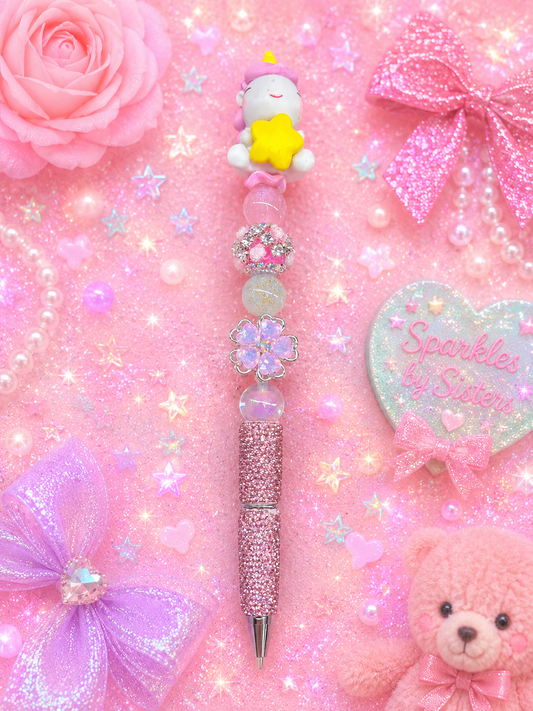 Pastel Star Unicorn Luxury Beaded Pen | Pink Rhinestone Fantasy Pen