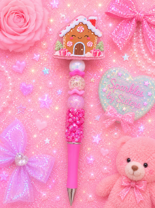Pink Gingerbread House Beaded Pen