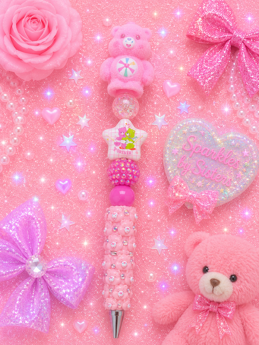 Pink Flocked Care Bear Extended Beaded Pen