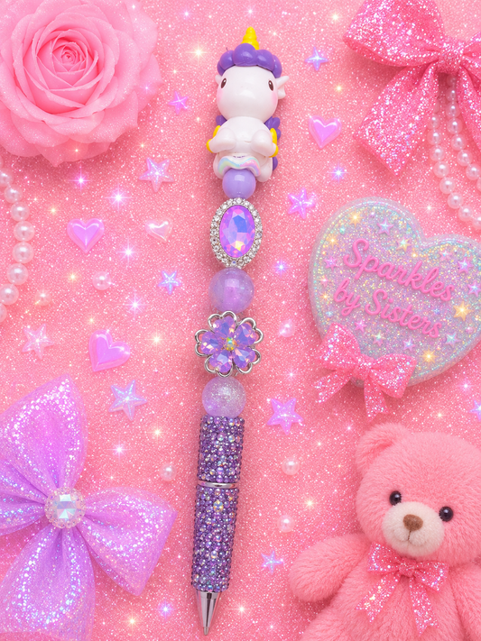 Purple Unicorn Extended Rhinestone Beaded Pen