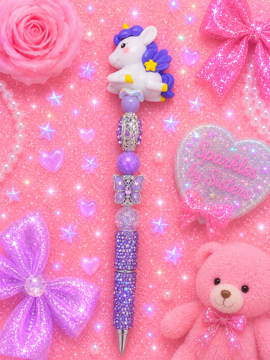 Purple Unicorn Extended Rhinestone Beaded Pen