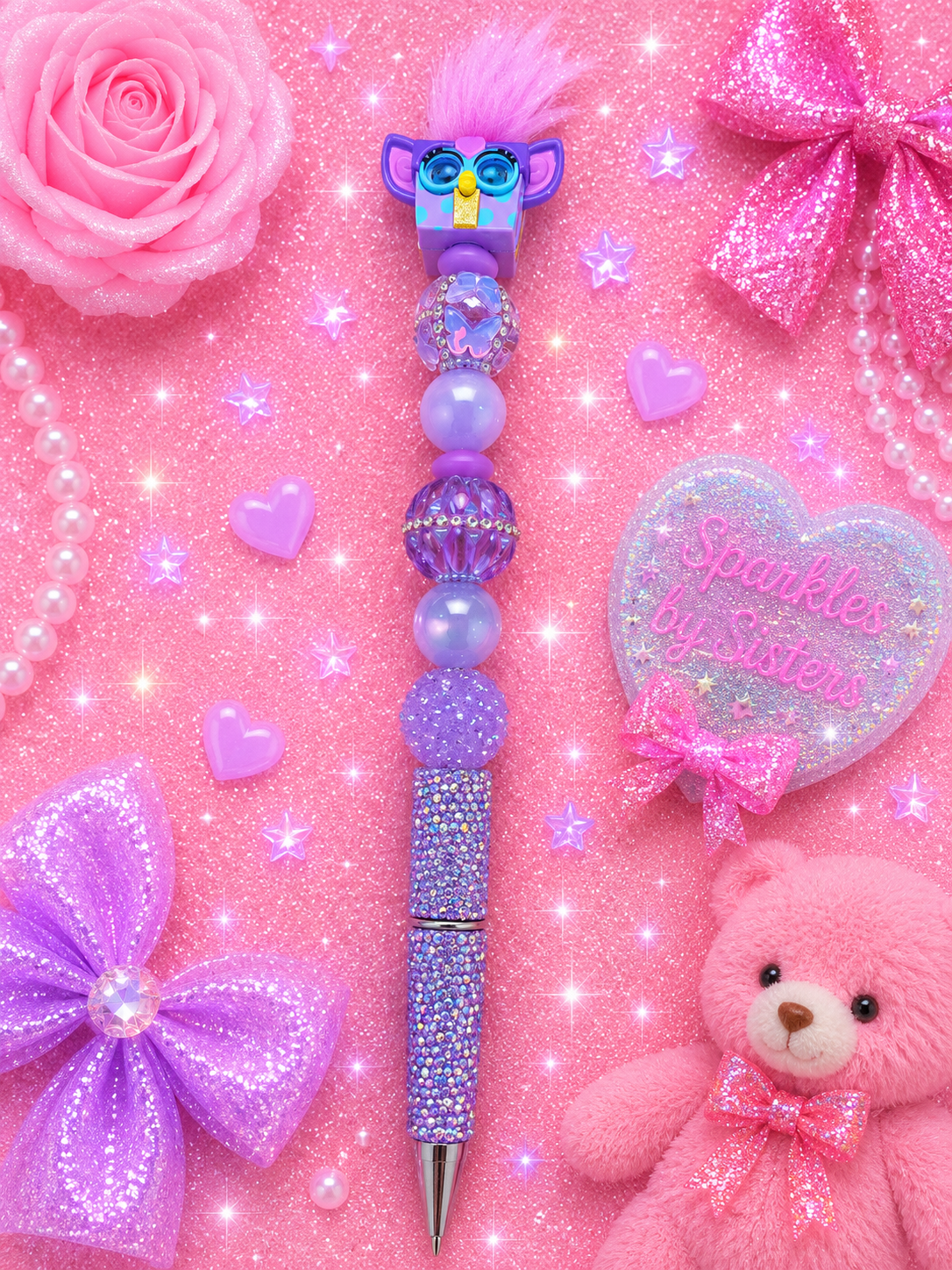 Vintage Furby Handmade Beaded Pen | Purple 90s Nostalgia Sparkle Pen