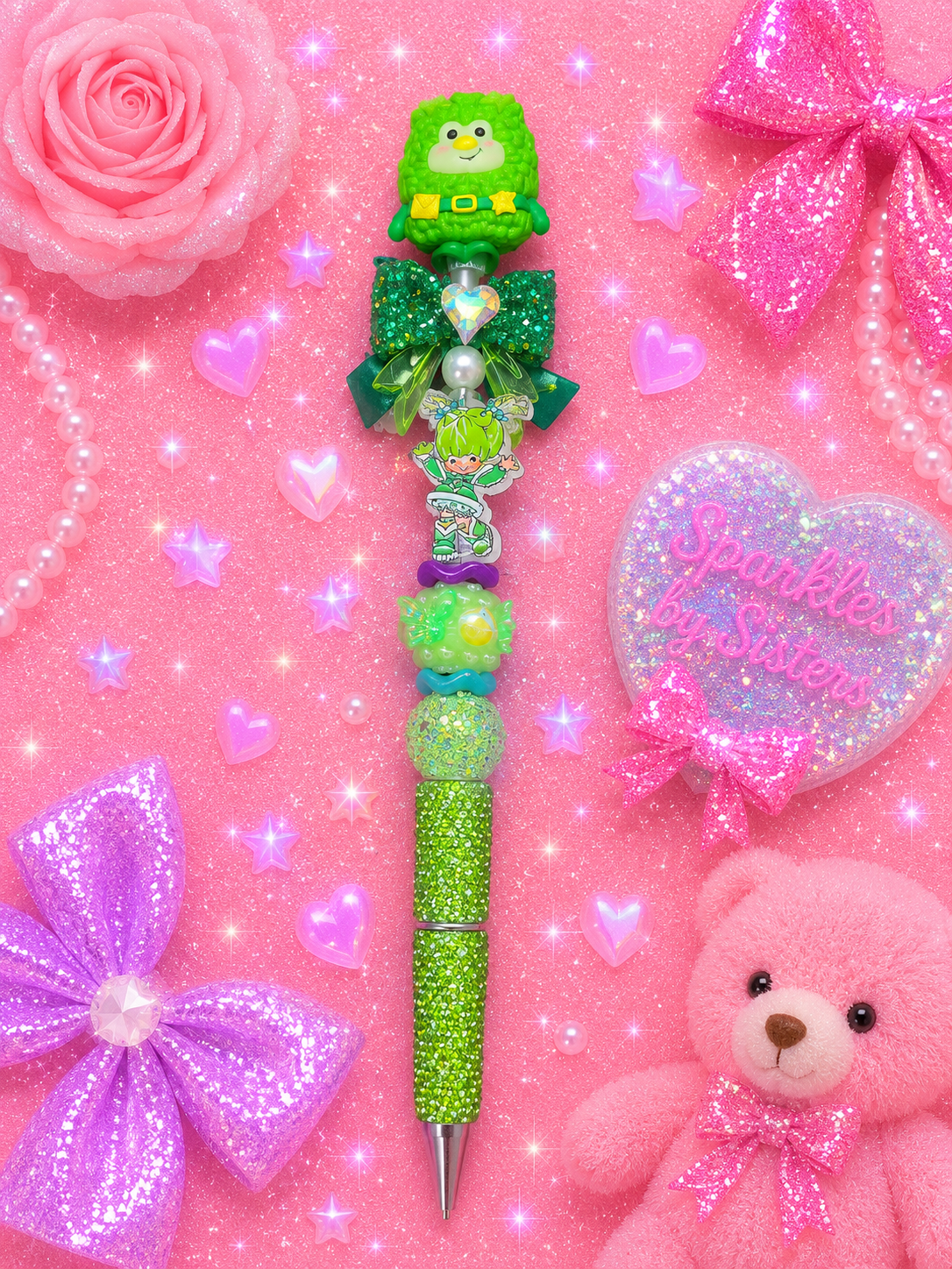 💚🌈 Green Sprite’s Emerald Sparkle Adventure Extended Beaded Pen ✨🍬