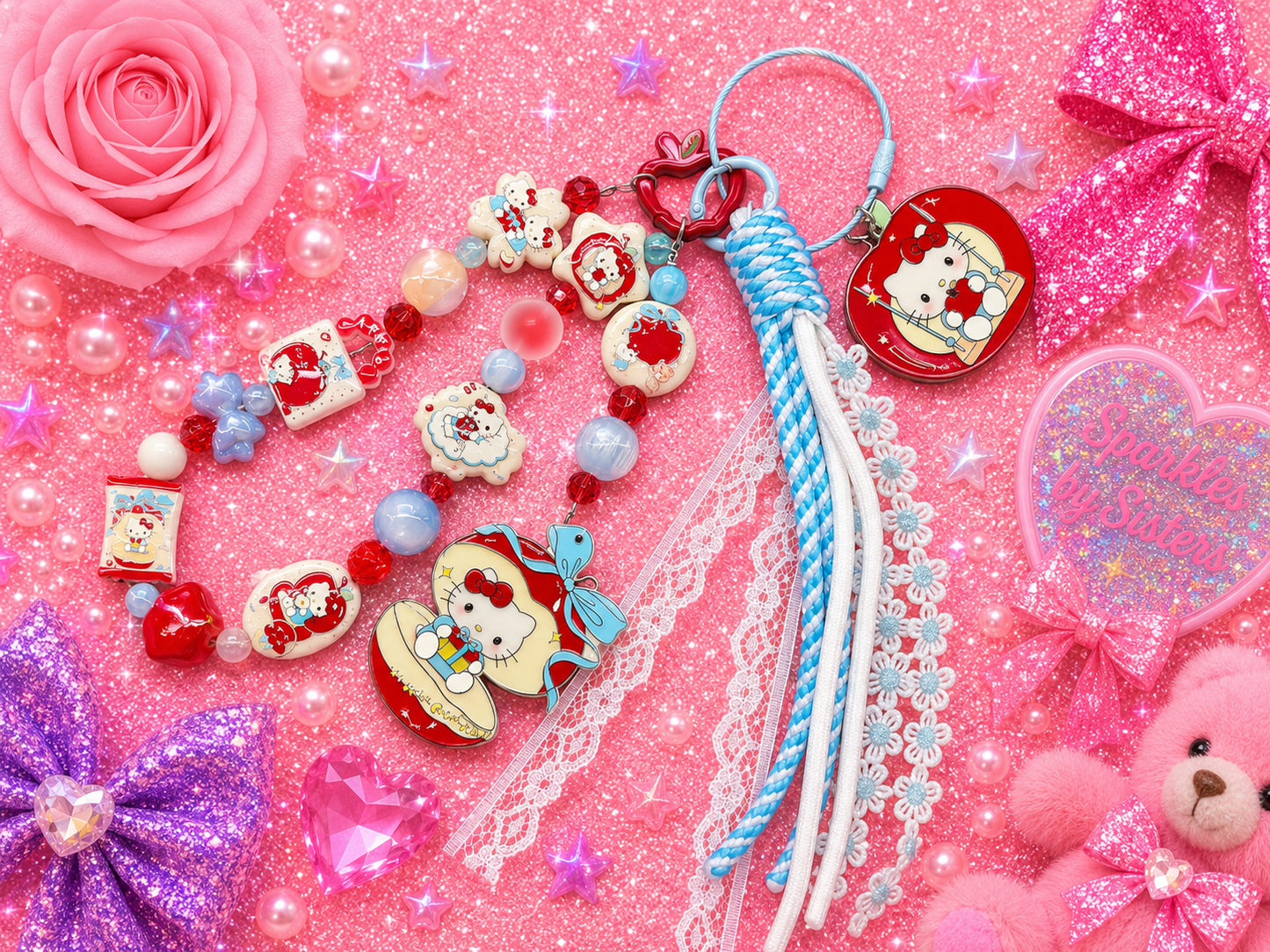 Apple Picnic Hello Kitty-Inspired Layered Purse Charm 🍎🩵🤍