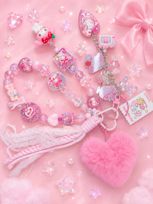 My Melody Pink Purse Charm – Loaded Beaded Bag Charm with Plush & Acrylic Dangles $42