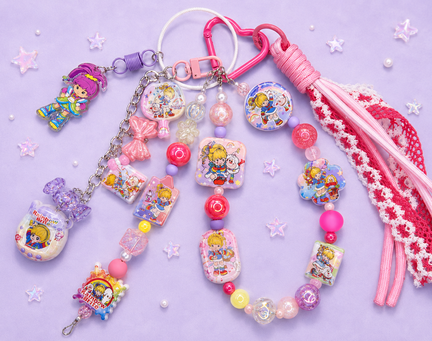 Pastel Rainbow Retro Bag Charm | Pink & Purple Nostalgia Beaded Keychain $36