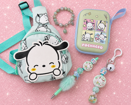 Pochacco Inspired Ultimate Gift Bundle | Mini Backpack, Hard Case, Extended Beaded Pen & Matching Keychain