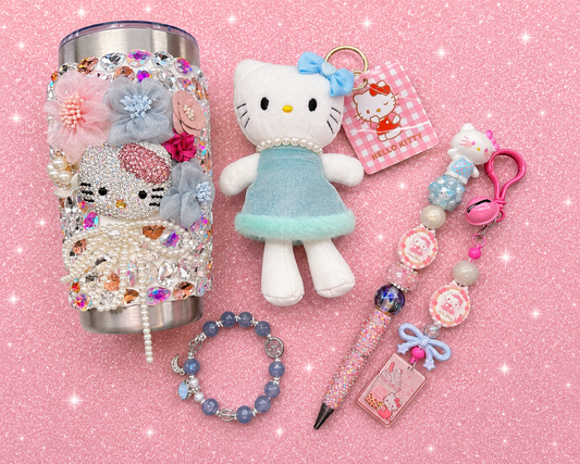 Hello Kitty Inspired Luxury Gift Bundle | Rhinestone Tumbler, Extended Beaded Pen, Plush & Bracelet