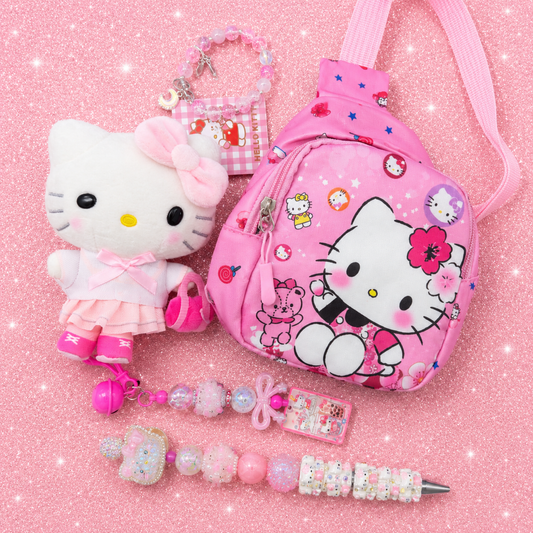Hello Kitty Inspired Pink Gift Bundle | Mini Backpack, Plush, Handmade Beaded Pen & Matching Bracelet