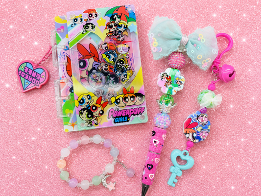 Powerpuff Girls Inspired Gift Bundle | Sticker Binder, Handmade Beaded Pen, Matching Keychain & Bracelet