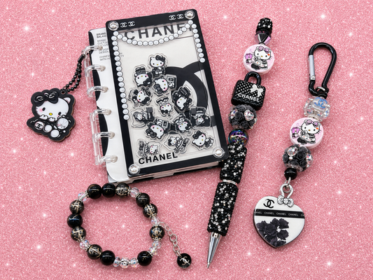 Luxury Fashion Inspired Hello Kitty Gift Bundle | Sticker Binder, Handmade Beaded Pen, Matching Keychain & Bracelet