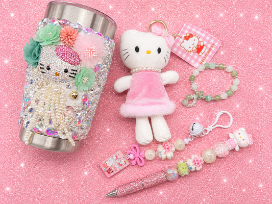 Luxury Hello Kitty Gift Bundle | Rhinestone Tumbler, Handmade Pen, Plush, Keychain & Bracelet