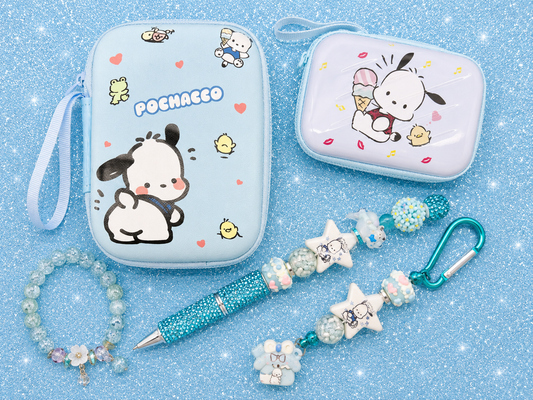 Pochacco Gift Bundle | Handmade Pen, Keychain, Bracelet, Crossbody Case & Hard Zip Case