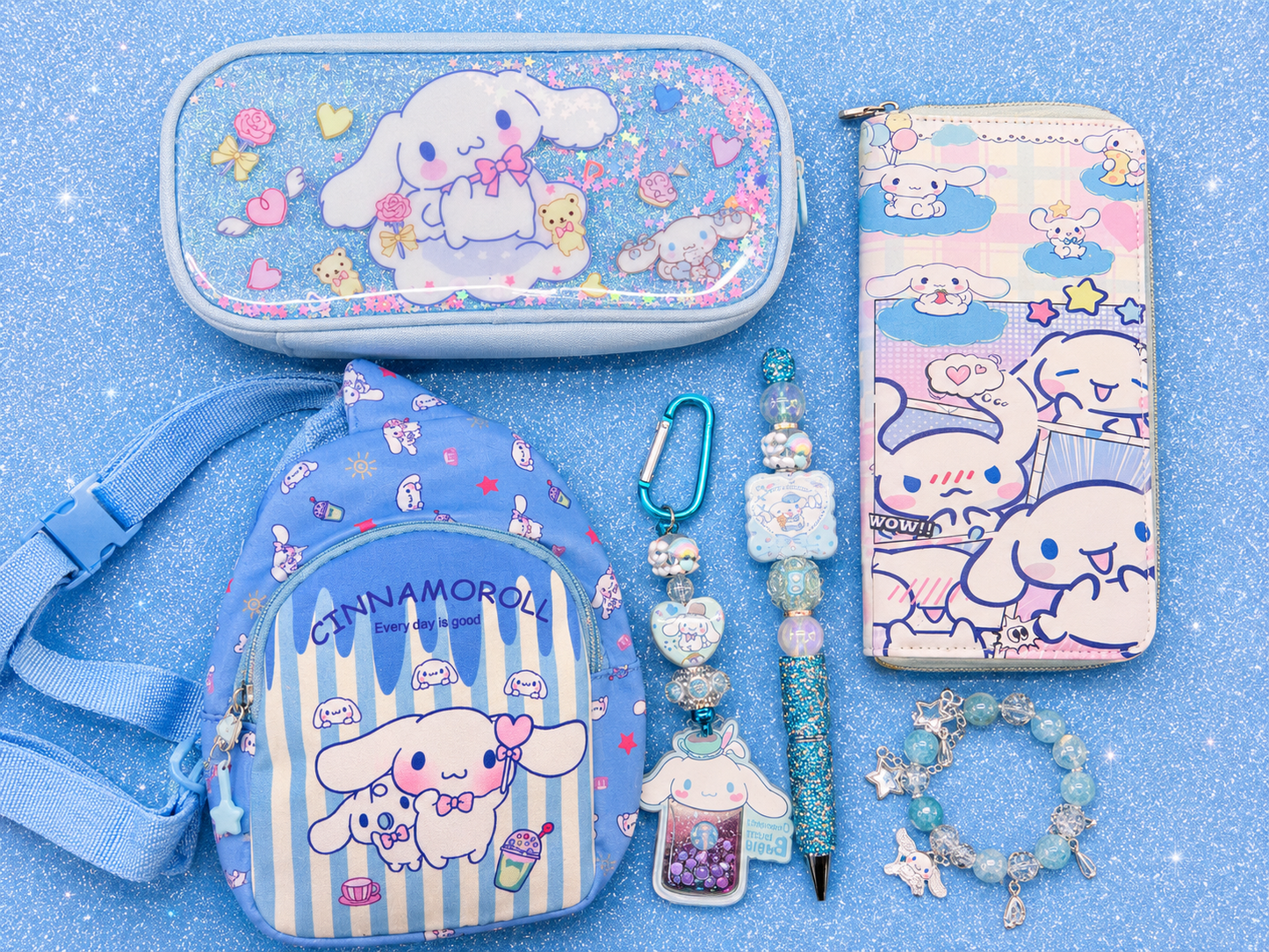 Cinnamoroll Deluxe Gift Bundle | Mini Backpack, Wallet, Glitter Pouch, Handmade Pen, Keychain & Bracelet
