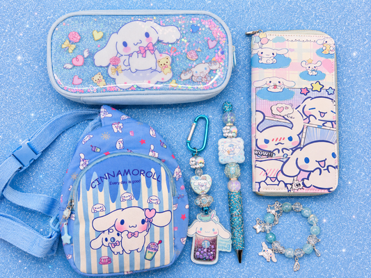 Cinnamoroll Deluxe Gift Bundle | Mini Backpack, Wallet, Glitter Pouch, Handmade Pen, Keychain & Bracelet