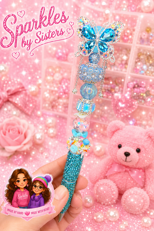 Blue Crystal Butterfly Rhinestone Pen | Handmade Floral Fantasy Pen