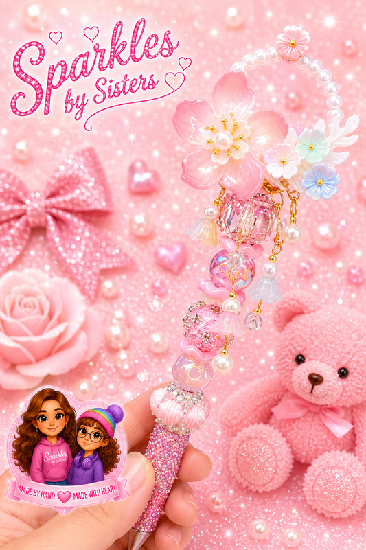 Pink Cherry Blossom Garden Rhinestone Pen | Handmade Floral Statement Pen