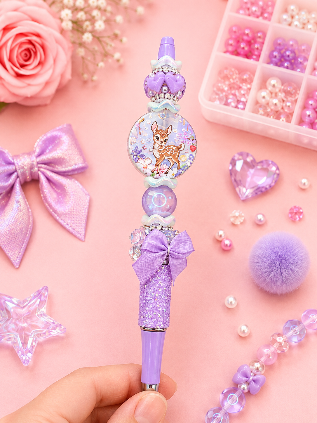 Bambi-Inspired Woodland Beaded Pen | Handmade Pastel Character Pen