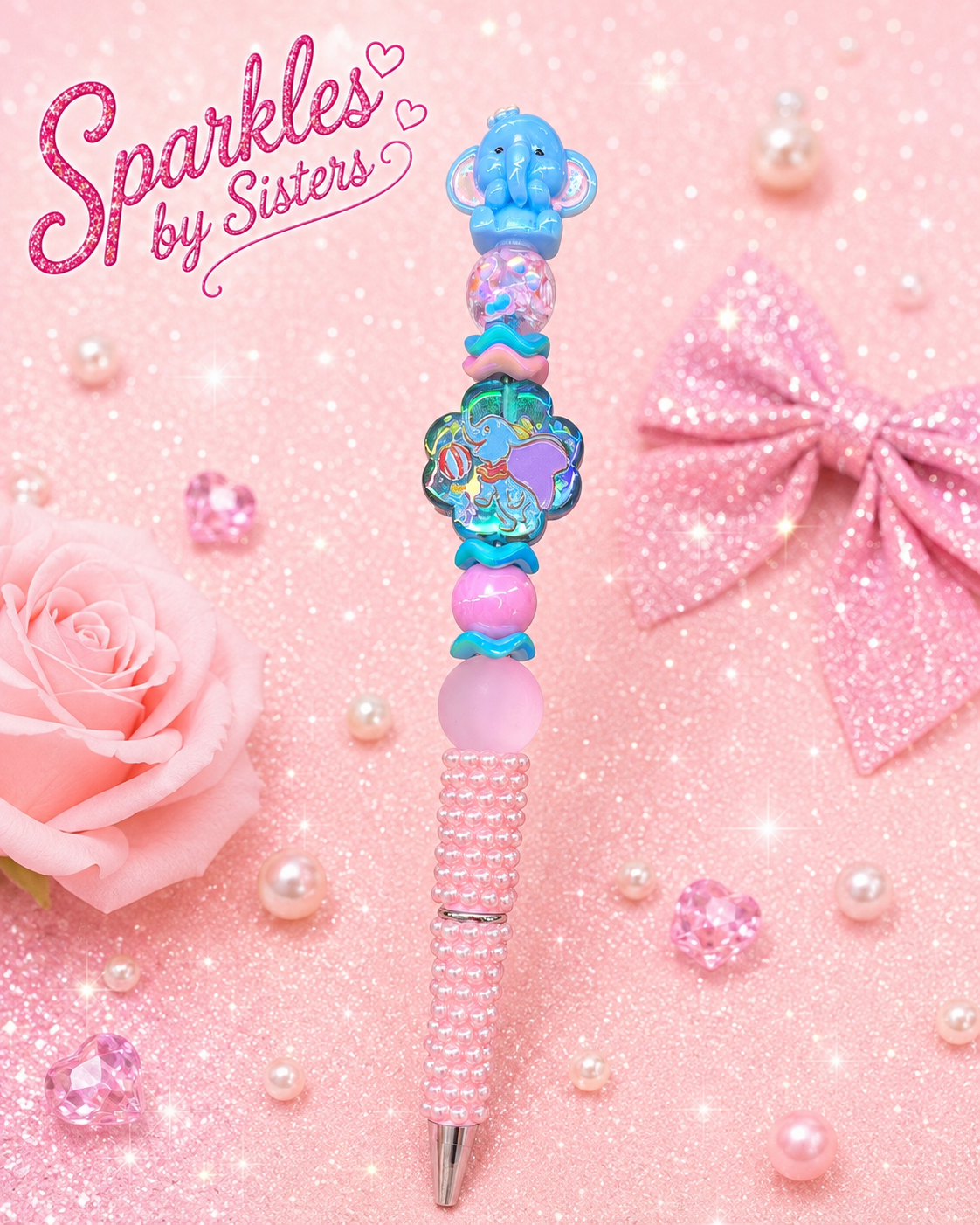 Dumbo-Inspired Pastel Pearl Beaded Pen | Handmade Character Pen