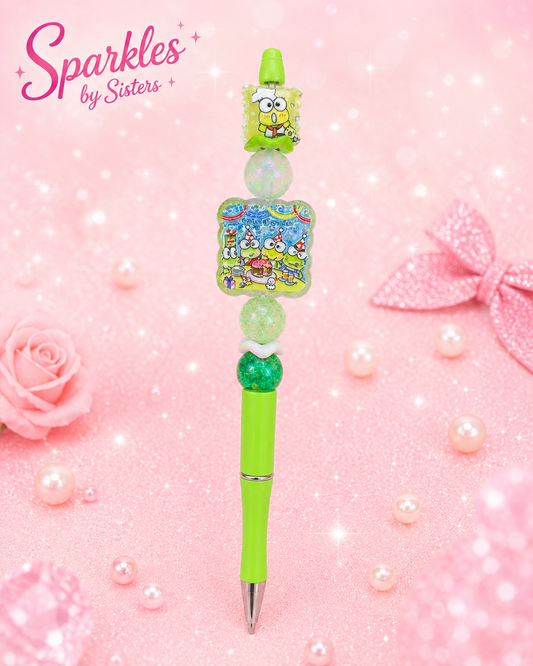 Keroppi-Inspired Beaded Pen | Handmade Green Character Pen
