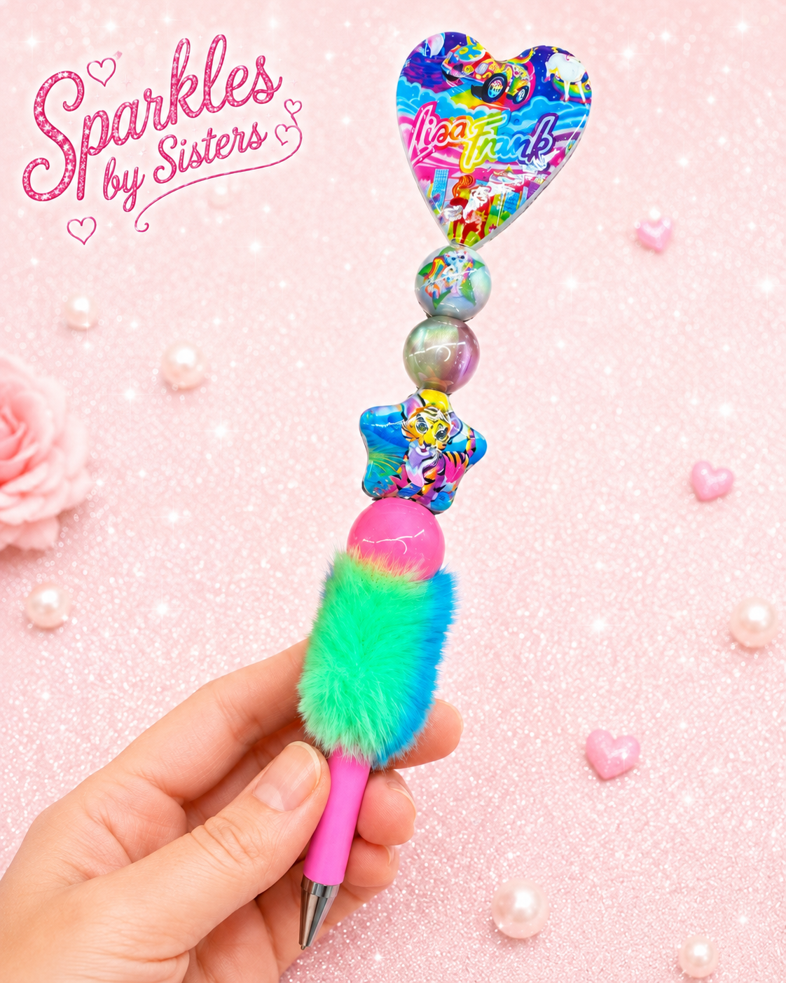 Lisa Frank-Inspired Rainbow Tiger Beaded Pen | Handmade Fuzzy Character Pen