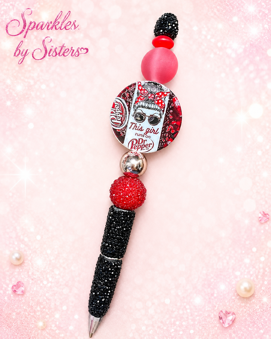 Dr Pepper Girl Rhinestone Beaded Pen | Handmade Soda-Lover Pen