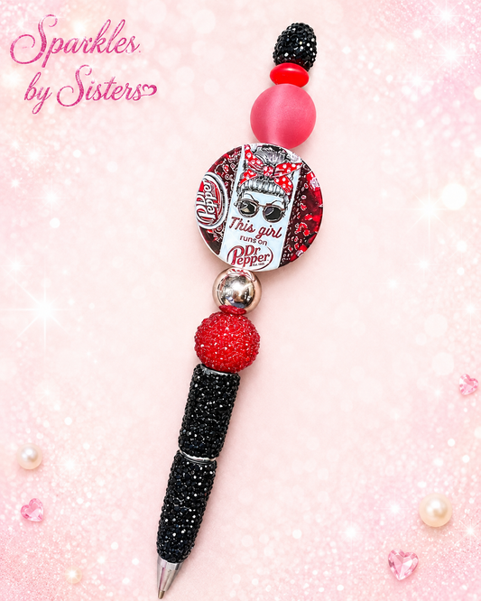 Dr Pepper Girl Rhinestone Beaded Pen | Handmade Soda-Lover Pen