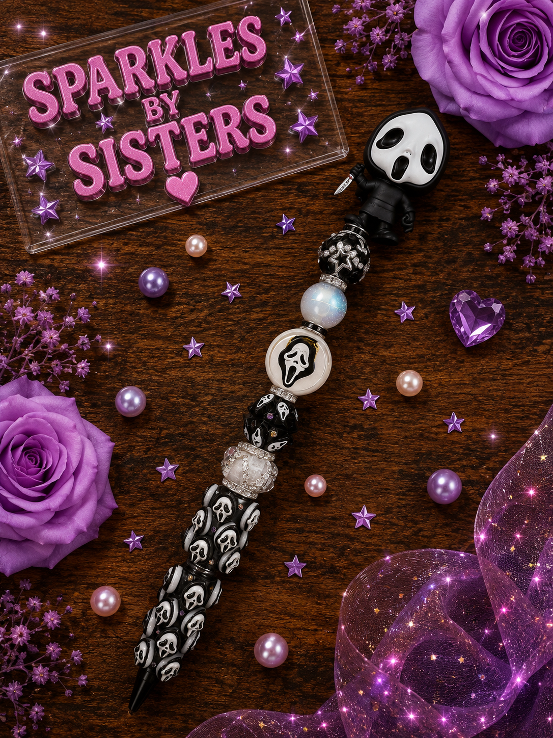 Ghostface-Inspired Horror Beaded Pen | Handmade Black & White Character Pen