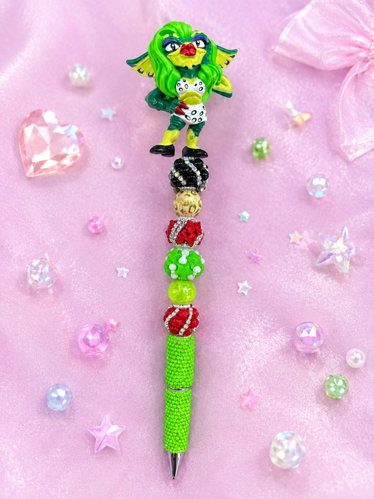 Greta Gremlin-Inspired Rhinestone Beaded Pen | Handmade Horror Character Pen