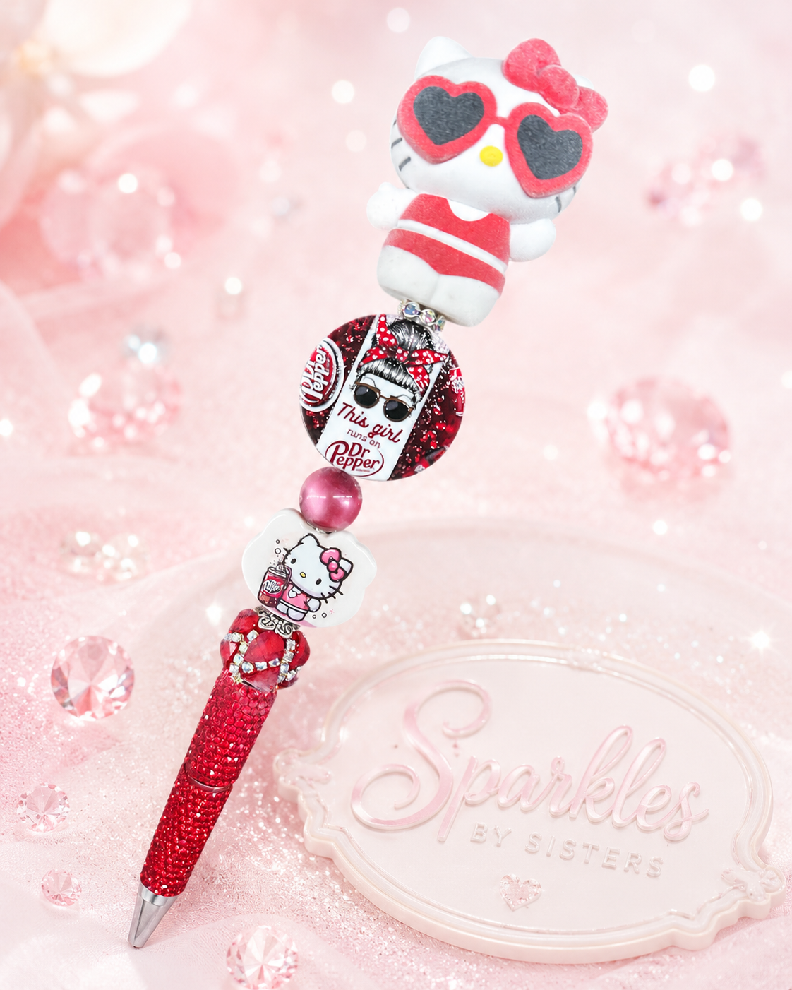 Hello Kitty x Dr Pepper Inspired Extended Rhinestone Beaded Pen – Red Sparkle Character Pen