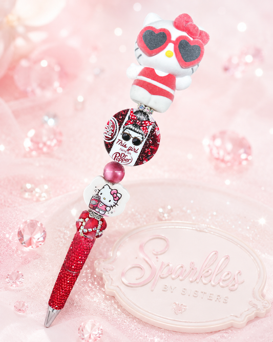 Hello Kitty x Dr Pepper Inspired Extended Rhinestone Beaded Pen – Red Sparkle Character Pen
